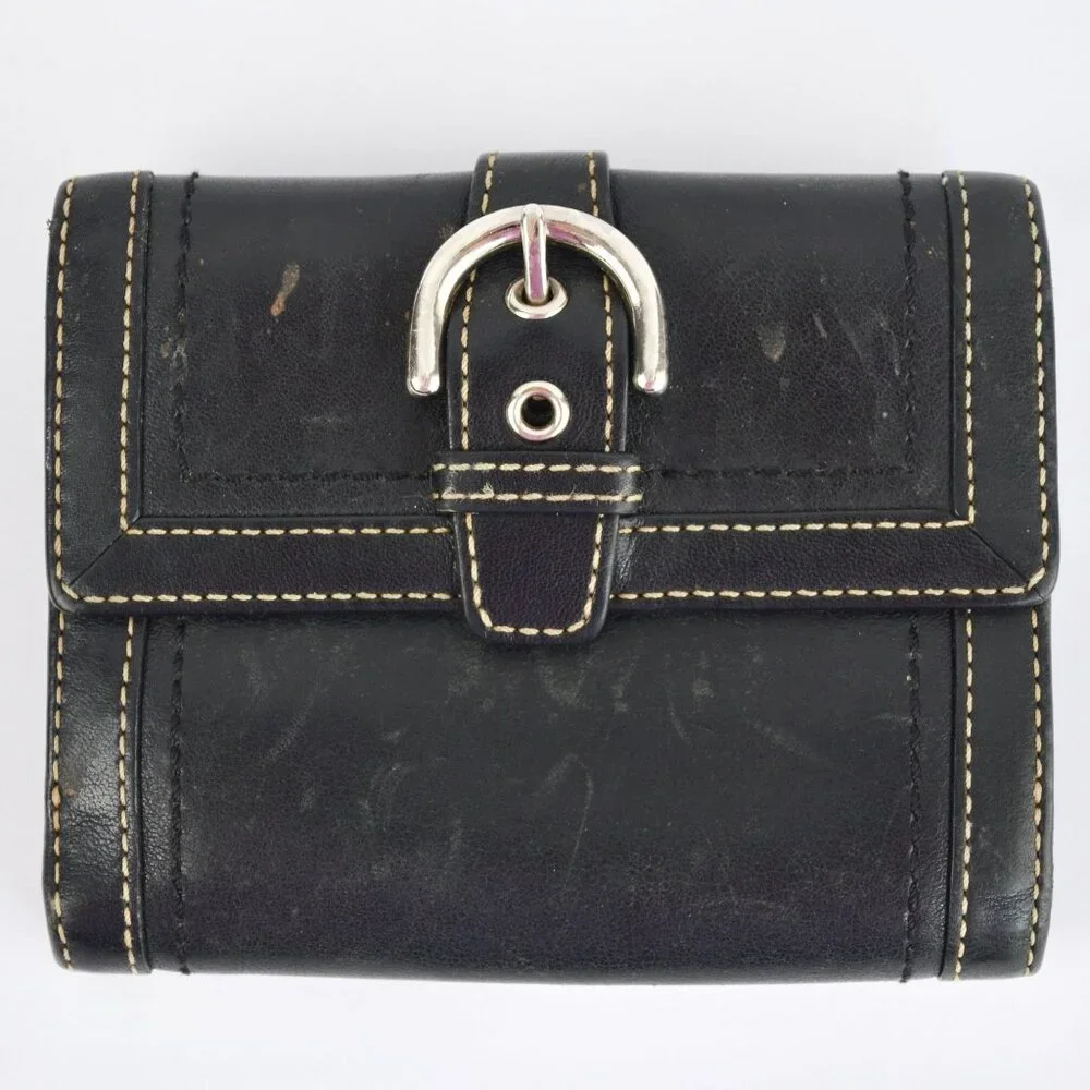 Coach Vintage Black Leather Bifold Wallet Visible Stitching Nickel Hardware Soho